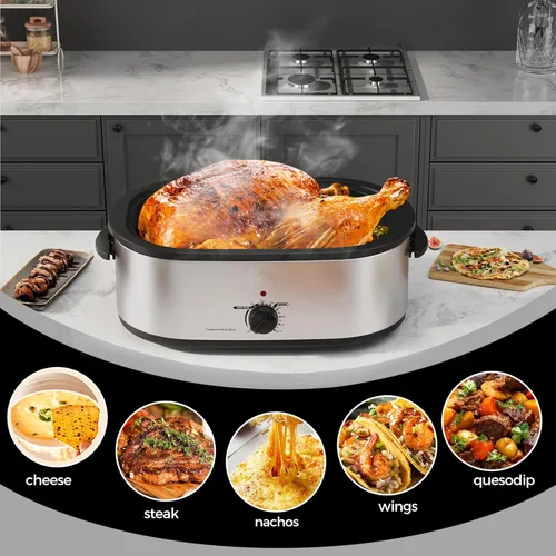 Miniatura 5 de Horno asador eléctrico de 22 cuartos de galón, asador de pavo con diseño de tapa que se baña automáticamente, horno asador eléctrico grande de acero