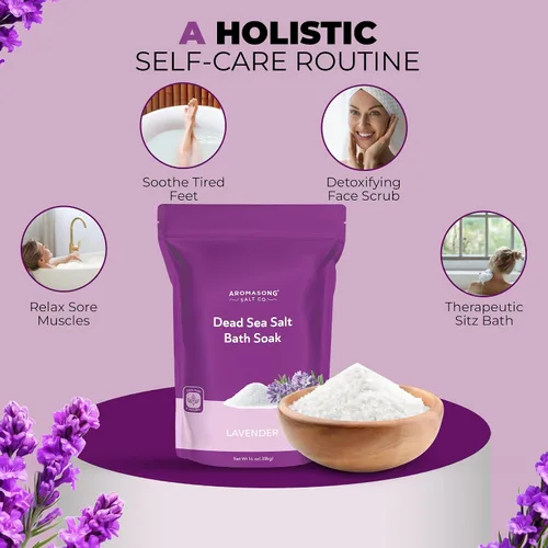 Miniatura 4 de Aromasong Sal del Mar Muerto para remojar con aceite esencial de lavanda natural, 14 onzas, sal de baño de spa, grano fino, 7 usos por paquete