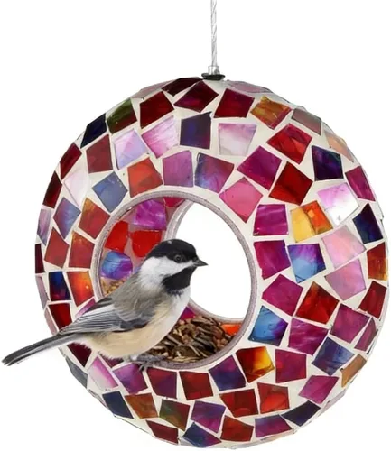 Miniatura 11 de Lily's Home Comedero Colgante de Mosaico de Vidrio de 15 Cm para Pájaros al Aire Libre Comedero Grande para Pájaros con Paso para Volar