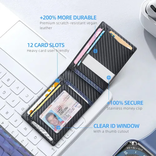 Miniatura 93 de Zitahli - Billeteras delgadas RFID para hombres, billetera de cuero flexible con clip de dinero, cartera minimalista con bolsillo frontal