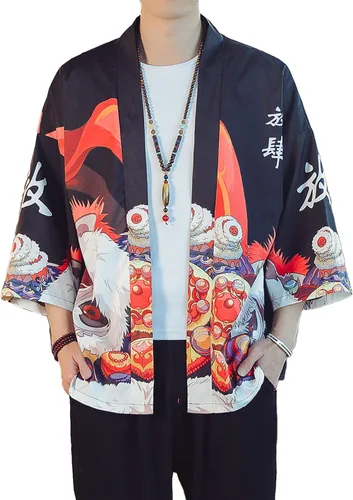 Miniatura 32 de PRIJOUHE Chaqueta Kimono Ligera para Hombre de Manga Tres Cuartos con Frente Abierto Cárdigan Estilo Japonés
