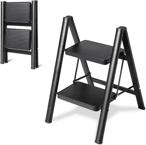 Escalera Plegable de 2 Escalones, Taburete Escalón de Servicio Pesado 330 Libras de Carga, Escalera Pequeña de Cocina/Closet para Adultos/Niños,