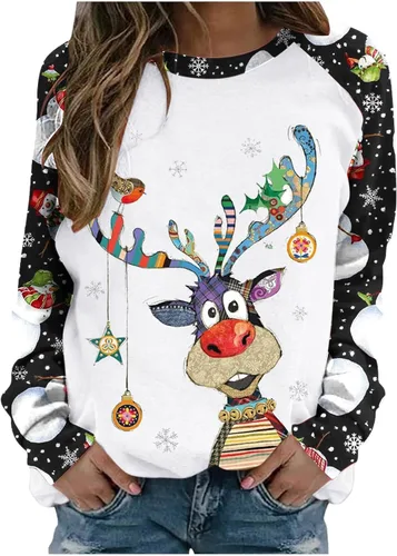 ZEFOTIM Sudaderas navideñas para mujer, manga larga, cuello redondo, divertidas, lindas, navideñas, renos, muñeco de nieve, copos de nieve