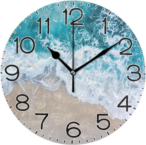 ALAZA Reloj de pared con ondas de playa, funciona con pilas, sin tictac, de cuarzo, analógico, rústico, rústico, reloj redondo, decoración retro