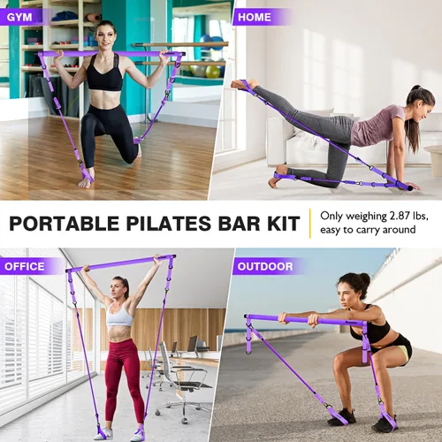 Miniatura 6 de Kit de barra de pilates Ayombo con bandas de resistencia, equipo de entrenamiento de pilates para piernas, cadera, cintura, brazo, equipo de Púrpura