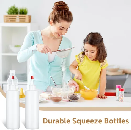 Miniatura 6 de Jinei Paquete de 60 botellas de plástico de 8 onzas, botellas transparentes para exprimir condimentos con tapa de punta roja, recipiente vacío