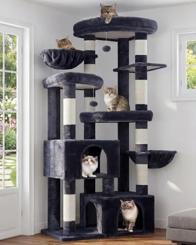 Miniatura 9 de Hey-brother Árbol para gatos, torre de 67.3 pulgadas con 3 camas de plataforma suave, 2 condominios grandes, 9 postes rascadores de sisal, 2 hamacas