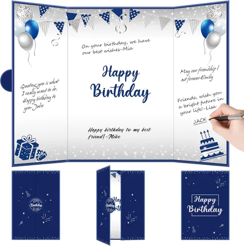 Tarjeta decorativa grande de cumpleaños azul plateado para hombres y niños, libro de firmas, tarjetas gigantes, suministros de fiesta, libro de