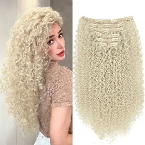 Miniatura 8 de Extensiones de cabello sintético con clip, extensiones de cabello sintético negro y rubio miel, extensiones de cabello rizado Jerry para mujeres