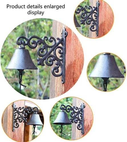 Miniatura 5 de Colgante de jardín al aire libre, campana rústica antigua de hierro fundido grande montado en la pared, timbre de metal para decoración fuera