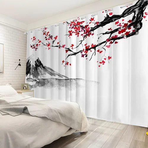 Miniatura 74 de Cortinas japonesas con pintura de tinta, monte Fuji, sol rojo, puesta de sol, hojas de bambú, cortinas de ventana para dormitorio, sala de estar