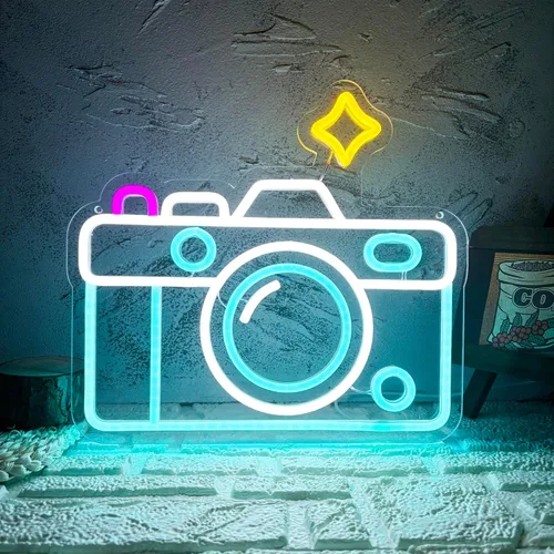 Letrero de neón para cámara regulable con luz LED, decoración de pared, multicolor, retro, fotografía, estudio, arte vintage, accesorio de fondo