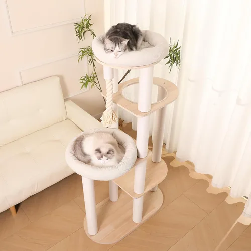 Miniatura 6 de Árbol moderno para gatos de 59 pulgadas, torre grande de varios niveles, árbol de madera resistente para gatos con hamaca, poste rascador de algodón