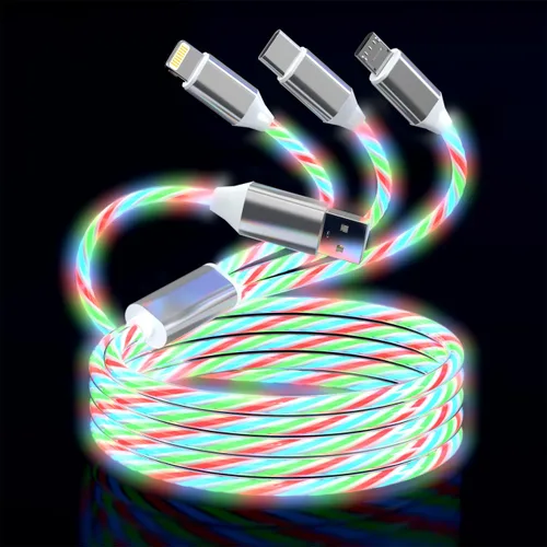 Miniatura 9 de Cable de carga con luz LED que fluye 3 en 1 Lightning/Type C/Micro USB brillante para automóvil para iPhone, cable de carga para automóvil azul