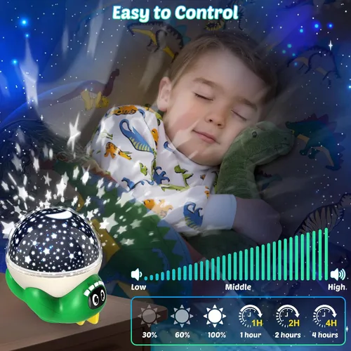 Miniatura 5 de Proyector de luz nocturna de dinosaurio para niños, juguetes verdes de dinosaurio para niños, luces de estrella con música y temporizador, lámpara