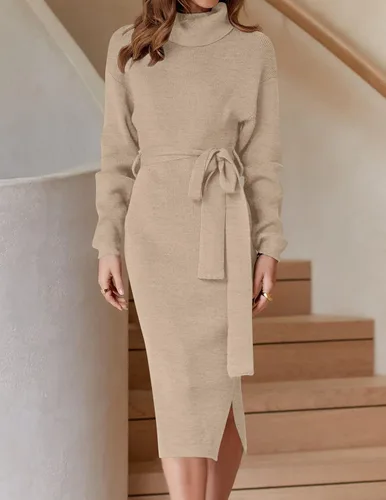 Miniatura 25 de ZESICA - Vestido por debajo de la rodilla de suéter, de cuello alto, para mujer, de manga larga, de punto acanalado, con abertura y cinturón
