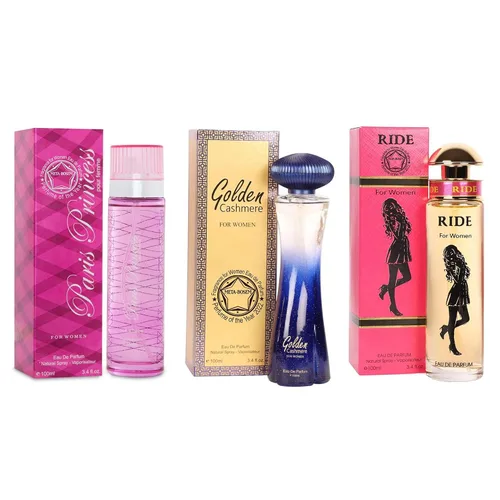 3 piezas (Paris Princess+Pink Party+Golden Cashmere), colección de fragancias para mujer, Eau de Parfum en espray natural, aroma fresco (paquete de