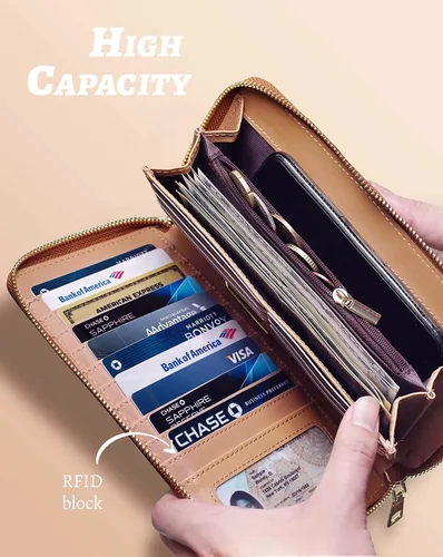 Miniatura 2 de Cartera para mujer con tarjetero para tarjetas de crédito, bolsillos para dinero, correa de pulsera, monedero con bloqueo RFID, gran capacidad