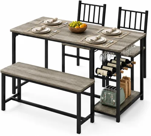 Miniatura 8 de 4 EVER WINNER Juego de mesa de comedor negra para 4 personas con banco, juego de mesa de cocina y sillas de 55 pulgadas con estante para vino