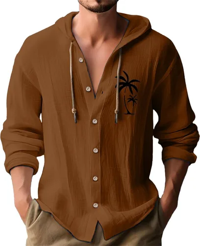 Miniatura 3 de Camisas de manga larga con botones para hombre, camisa con capucha a rayas verticales, casual, para vacaciones, verano, ligera, con cordón Z21