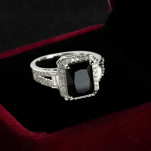 Miniatura 2 de Anillo de compromiso de plata de ley 925 con corte cuadrado y ónix negro, anillo de compromiso, anillo de compromiso de boda con circonita cúbica