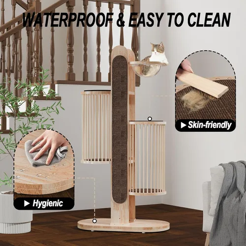 Miniatura 6 de Moderna torre de árbol para gatos de interior, torre para gatos de madera maciza de 67 pulgadas de alto con postes rascadores, casa de lujo natural