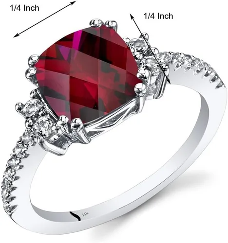Miniatura 3 de PEORA Anillo de rubí creado para mujer, oro blanco de 14 quilates con topacio blanco auténtico, diseño de 3 quilates, corte cojín de 0.315 in