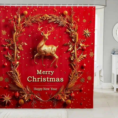 Miniatura 9 de Homewish Cortina de ducha de árbol de Navidad, juego de cortina de ducha de baño con diseño de copo de nieve dorado para niños y adultos, cortina