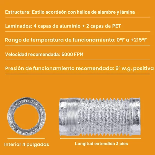 Miniatura 3 de Manguera de ducto de ventilación de secadora flexible de 4" de servicio pesado para espacio reducido de 3 pies, kit de ductos de papel de aluminio