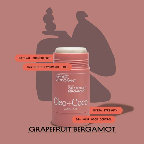 Miniatura 3 de Cleo+Coco Bálsamo Desodorante Extra Fuerte, Toronja Bergamota (2.2 oz), Desodorante Natural Sin Aluminio para Mujeres y Hombres con 5X Combatientes