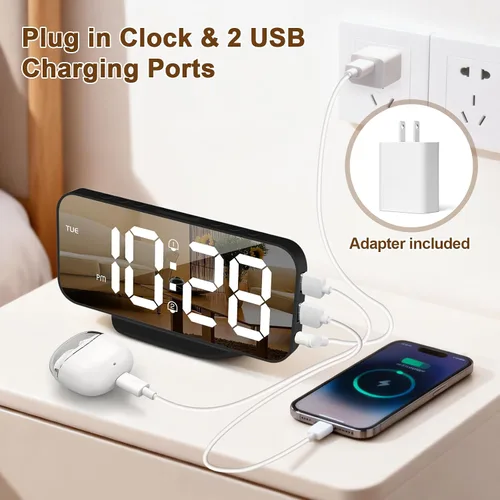 Miniatura 4 de Reloj despertador digital delgado ALANAS para dormitorios, alarmas duales con repetición, superficie de espejo, atenuador de 4 niveles y 2 puertos