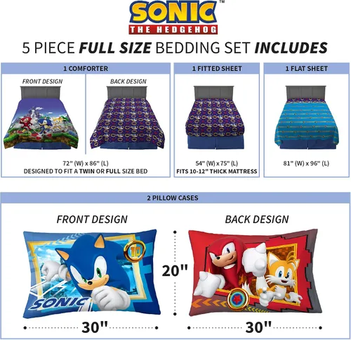 Miniatura 4 de Franco juego muy suave de edredón y sábanas para niños, 5 piezas, tamaño matrimonial, Sonic