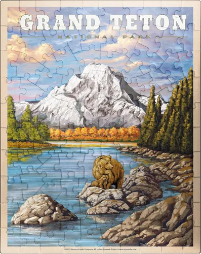 MyPuzzle Grand Teton National Park – Grizzly Bear Hug, póster de viaje vintage – Rompecabezas de 100 piezas premium para adultos