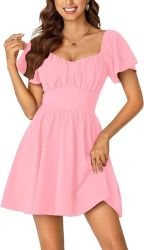 Miniatura 14 de Rooscier Minivestido acampanado de manga corta con volantes, cuello cuadrado, envolvente y espalda anudada para mujer