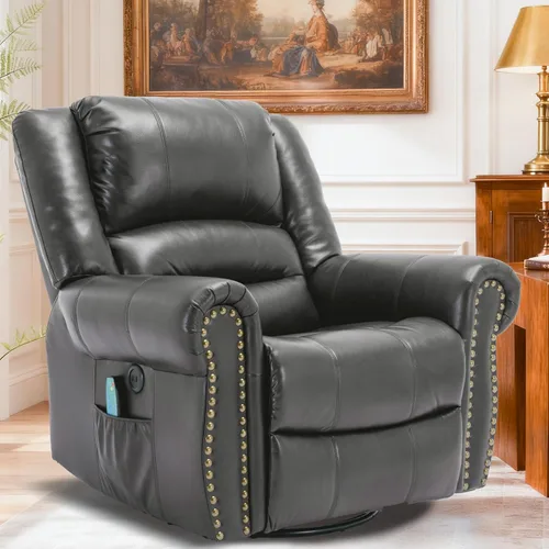 Miniatura 8 de Sillón reclinable giratorio manual con calor y vibración, mecedora giratoria de 360°, sillas reclinables ergonómicas para masaje con bolsillos