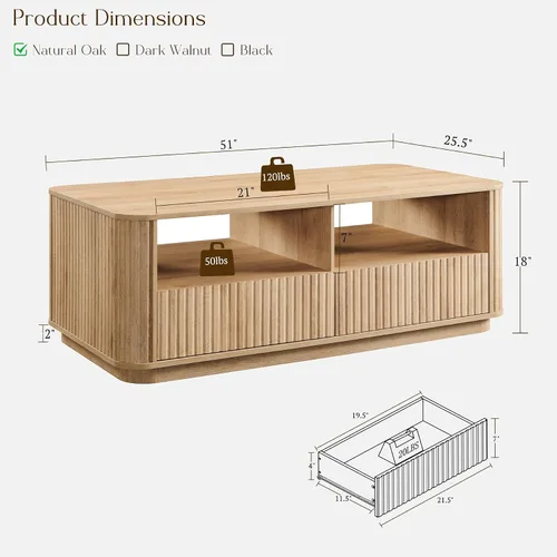 Miniatura 2 de ACCOHOHO Mesa de centro acanalada de 51 pulgadas con almacenamiento, mesa central grande y moderna con 2 cajones, mesa auxiliar rectangular de Roble