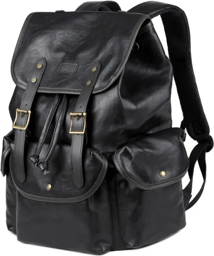 Cuero vegano 15.6 pulgadas portátil mochila senderismo camping mochila viaje negocios casual CN-01 (negro)