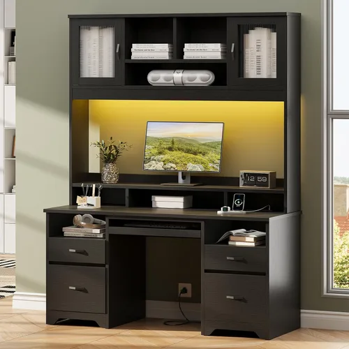 Bestier Escritorio Ejecutivo de 77.8" de Alto con Estante Superior, Escritorio Moderno de Madera para Computadora con Cajones, Estación de Carga,