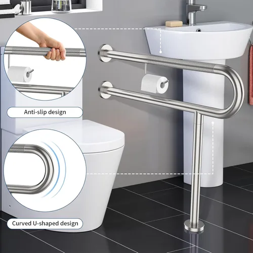 Miniatura 3 de ZUEXT - Barra de apoyo para inodoro con patas de 31.5 x 28 pulgadas, barra de soporte de inodoro moleteada de níquel cepillado con soporte