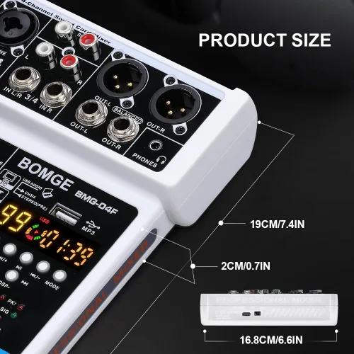 Miniatura 7 de BOMGE Consola Mezcladora de Audio Profesional de 4 Canales, Consola de Mezcla de Sonido con USB, Bluetooth, Grabación Estéreo, Alimentación Fantasma