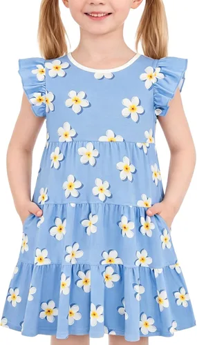 Miniatura 16 de Vestido casual para niñas, de algodón suave, manga corta, transpirable, acampanado, para adolescentes, talla 2T, 3T, 4T, 5, 6, 7, 8, 9, 10, 12, 13