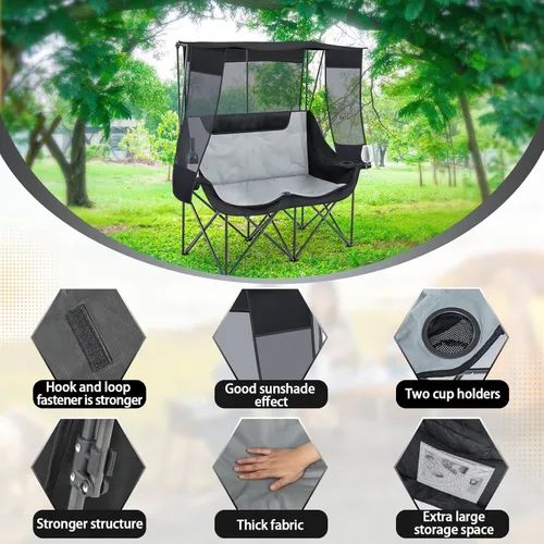 Miniatura 3 de Teenyyou Silla de campamento doble con dosel, silla de playa para 2 personas con protección solar UV, 660 libras, sofá biplaza plegable resistente