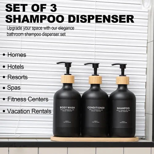 Miniatura 6 de Dispensador de champú y acondicionador, 16.9 onzas, juego de 3 dispensadores de champú de ducha recargables de plástico con bandeja de bambú