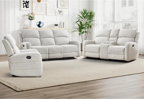 Miniatura 9 de EBELLO Juego de sofá reclinable manual para sala de estar, sofá reclinable de tela suave para sala de reuniones, respaldo y apoyabrazos acolchados