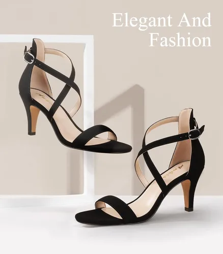 Miniatura 3 de Ankis Tacones negros dorados y negros con tiras cruzadas para mujer, sandalias de tacón de aguja de 3 pulgadas, sandalias de punta abierta