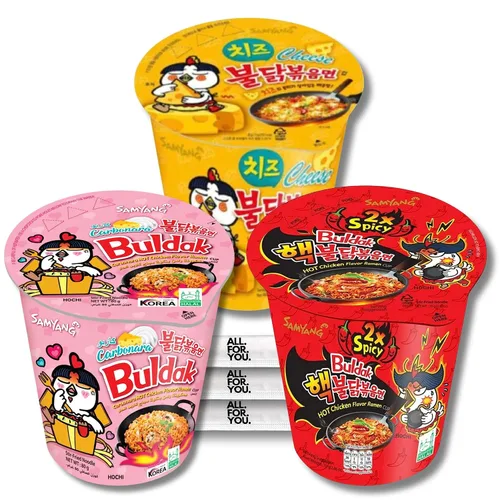 Buldak Ramen Fideos de 3 sabores de fideos variados – 2 unidades picantes, carbonara, queso – Total 3 unidades (1 paquete cada uno) – Fideos ramen