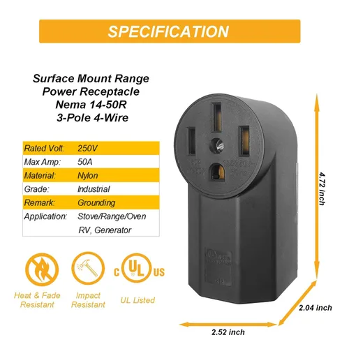 Miniatura 2 de Receptáculo Nema 14-50 de Grado Industrial de 50 Amperios Montaje en Superficie para Horno EV RV y Salida de Estufa, 3 Polos 4 Cables, Negro