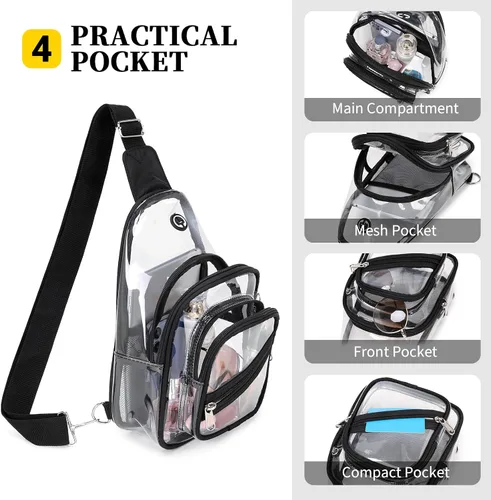 Miniatura 4 de Bolsa transparente para eventos en estadios, mochila transparente para mujer, impermeable, de PVC, cangurera cruzada para conciertos Negro