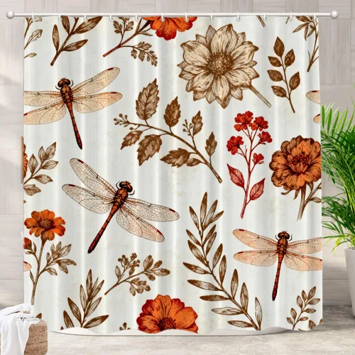 Miniatura 17 de Batmerry Cortina de ducha decorativa botánica con hojas blancas, flores románticas, borde victoriano, libélula y flores silvestres, bonita y ancha