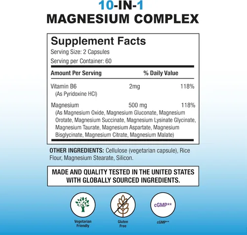 Miniatura 2 de Puregen Labs Complejo de magnesio 10 en 1 de 500 mg con cápsulas vegetales B6-120 [alta absorción y bioactividad] Sin OMG, sin gluten ni lácteos